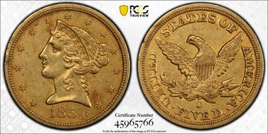 1854-O $5 AU53