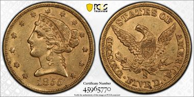 1855-S $5 AU55