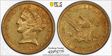 1857 $5 AU58
