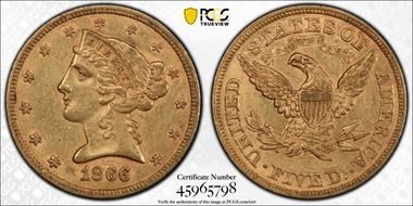 1866 $5 Motto AU55