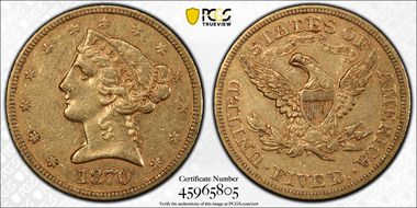1870 $5 AU50