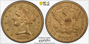 1874 $5 AU53+