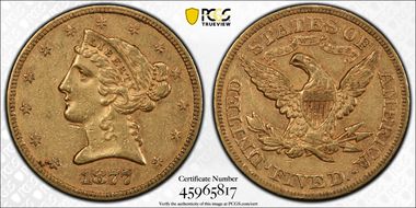 1877 $5 AU50