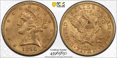 1890-CC $5 MS63+