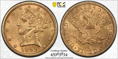 1892-CC $5 MS63
