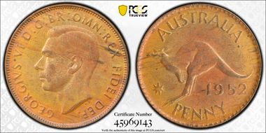 1952 A. (p) 1D Melbourne reverse Pointed serif 2 MS62RB