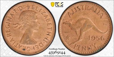 1956 Y. (p) 1D Melbourne obverse MS62RB