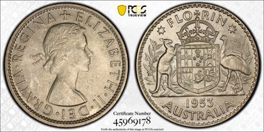 1953(m) Florin Large Reverse Denticles MS63