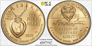 2022-W $5 National Purple Heart Hall of Honor MS70