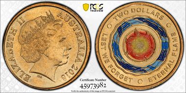 2018 $2 Lest We Forget Eternal Flame Colorized MS65