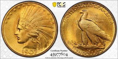1907 $10 Indian, Rolled Edge MS66