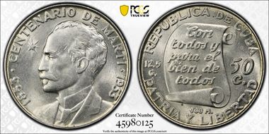 1953 50C Jose Marti KM-28  Ag MS63