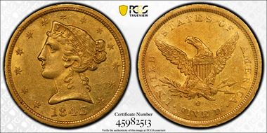 1843-O $5 Small Letters AU58