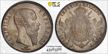 1866-Pi Peso Maximilian KM-388.2 Ag MS62