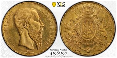 1866-Mo 20 Peso Maximilian KM-389  Au MS63