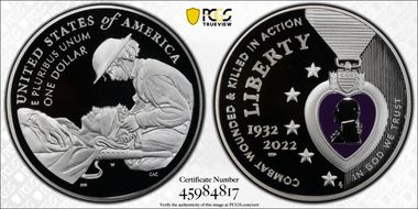 2022-W $1 National Purple Heart Hall of Honor Colorized First Strike PR69DCAM