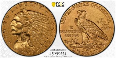 1911-D $2.50 Strong D AU50