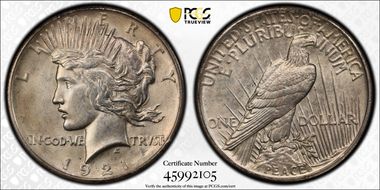 1921 $1 High Relief, Peace AU58