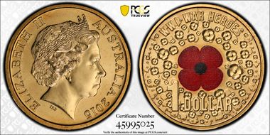 2015 $1 WWI War Heroes-Red Poppy Colorized MS68