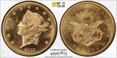 1857-S $20 Spiked Shield S.S. Central America #1 Gold Foil MS66PL