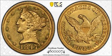 1847 $5 AU58+