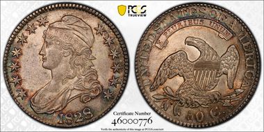 1828 50C Square Base 2, Large 8s AU58