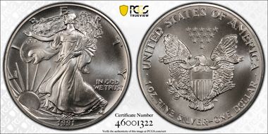1991 $1 Silver Eagle MS69