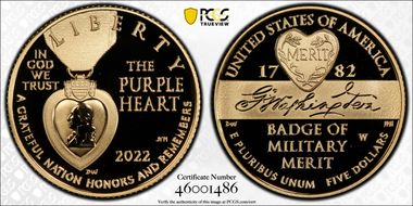 2022-W $5 National Purple Heart Hall of Honor PR70DCAM