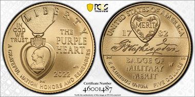 2022-W $5 National Purple Heart Hall of Honor MS70