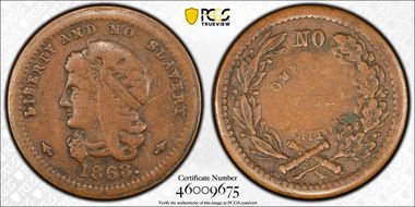 1863 CWT F-36/432a Liberty and No Slavery VF35BN