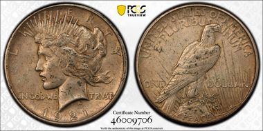 1921 $1 High Relief, Peace AU53