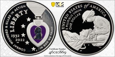 2022-W $1 National Purple Heart Hall of Honor Colorized First Strike PR69DCAM
