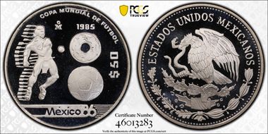1985-Mo 50 Peso World Cup KM-504 PR69DCAM