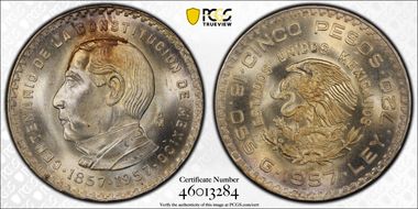 1957-Mo 5 Peso Constitution KM-470  Ag MS66