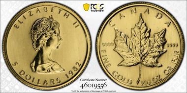 1982 $5 Maple Leaf Au MS69