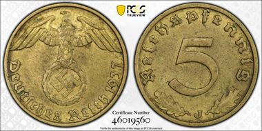 1937-J 5 Pfg J-363 AU58