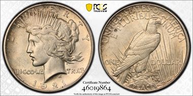 1921 $1 High Relief, Peace AU55