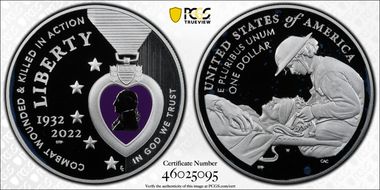 2022-W $1 National Purple Heart Hall of Honor Colorized PR69DCAM