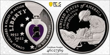 2022-W $1 National Purple Heart Hall of Honor Colorized First Strike PR69DCAM