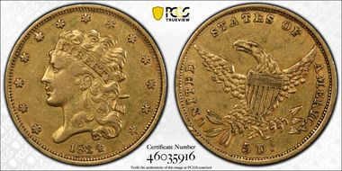 1834 $5 Classic Head, HM-8 XF40
