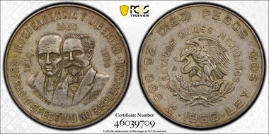 1960-Mo 10 Peso 150th Anniversary KM-476  Ag AU55