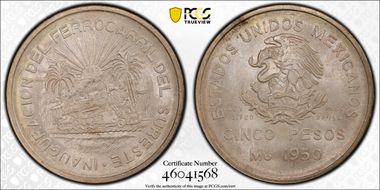 1950-Mo 5 Peso Southeastern Railroad KM-466  Ag MS66