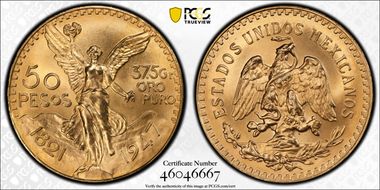 "1947" 50 Peso New Die Restrike KM-481  Au MS67