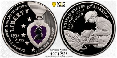 2022-W $1 National Purple Heart Hall of Honor Colorized First Strike PR70DCAM