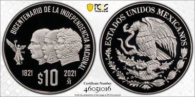 2021-Mo 10 Peso Independence Bicentenary PR69DCAM
