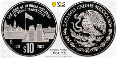 2021-Mo 10 Peso Fall of Tenochtitlan 500th Ann. PR69DCAM