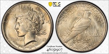 1921 $1 High Relief, Peace AU58