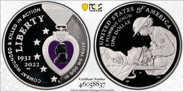 2022-W $1 National Purple Heart Hall of Honor Colorized First Strike PR70DCAM