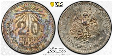 1935-M 20C KM-438 Ag AU58