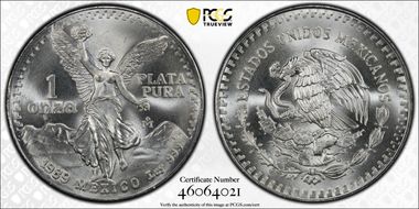 1989-Mo Onza Libertad Ag w/o Dot before 999 MS68